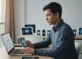 Microsoft: Rencana 5 Poin Atasi Kekhawatiran Pusat Data AI, Demi Kestabilan Listrik & Komunitas M. Ridham, seorang individu yang cakap dalam teknologi, duduk di meja modern dengan laptop terbuka di depannya. Layar laptop menampilkan situs web dengan simbol keamanan dan ikon kunci. Dia mengetik d