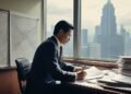 MA. Untung, a man in a suit, is seated at his desk reviewing documents in a modern office. The background features a map of Indonesia and a busy cityscape, symbolizing the national importance and comp