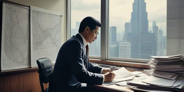 MA. Untung, a man in a suit, is seated at his desk reviewing documents in a modern office. The background features a map of Indonesia and a busy cityscape, symbolizing the national importance and comp