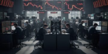 Suasana bursa saham yang ramai dengan layar-layar menampilkan harga saham yang jatuh, terutama pada sektor teknologi dan AI. Analis finansial dengan ekspresi serius, tenggelam dalam pekerjaan mereka.
