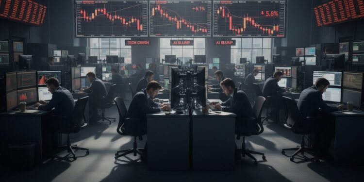 Suasana bursa saham yang ramai dengan layar-layar menampilkan harga saham yang jatuh, terutama pada sektor teknologi dan AI. Analis finansial dengan ekspresi serius, tenggelam dalam pekerjaan mereka.