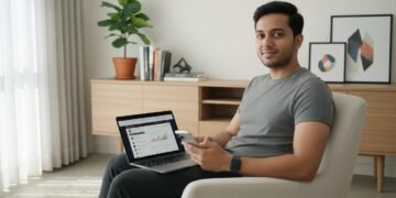 M. Ridham, seorang profesional muda dengan penampilan santai namun cakap dalam teknologi, duduk di ruang tamu yang minimalis dan terorganisir. Dia menggenggam sebuah smartphone dan laptop, keduanya ta