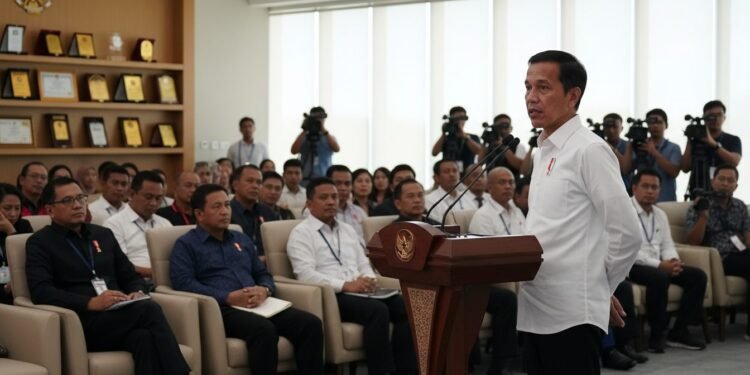 Jokowi: Polemik Ijazah dan Gibran adalah Operasi Politik Presiden Joko Widodo berdiri di podium di ruang konferensi yang luas dan modern, dengan tangan di belakang punggungnya dan menatap audiens dengan ekspresi yang tegas dan tenang. Ruangan terang dengan