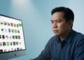 MA. Untung duduk di depan layar komputer, dengan ekspresi fokus. Layar menampilkan antarmuka pasar digital, menampilkan berbagai produk dan transaksi. Di sudut kanan layar terlihat jam digital yang me