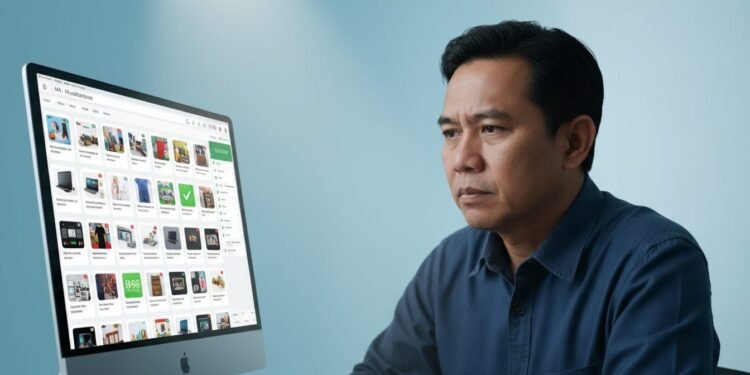MA. Untung duduk di depan layar komputer, dengan ekspresi fokus. Layar menampilkan antarmuka pasar digital, menampilkan berbagai produk dan transaksi. Di sudut kanan layar terlihat jam digital yang me
