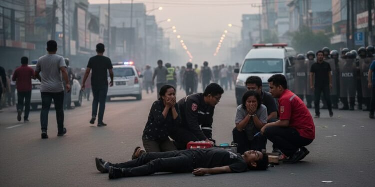 Sebuah jalanan Makassar yang ramai pada sore hari, dengan lampu jalan yang berkedip menciptakan bayangan panjang. Di tengah-tengahnya, seorang pemuda terbaring di tanah, tubuhnya diam, di sekitarnya a