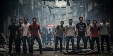 Sebuah adegan yang menunjukkan jalan raya di Ablam, Makassar yang tampak tegang dan kacau. Latar belakang menampilkan lorong yang terang-tenang dengan lampu jalan yang rusak dan sampah yang tersebar.