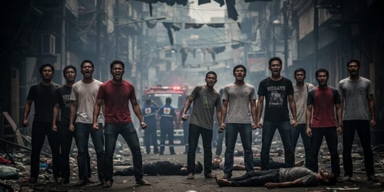 Sebuah adegan yang menunjukkan jalan raya di Ablam, Makassar yang tampak tegang dan kacau. Latar belakang menampilkan lorong yang terang-tenang dengan lampu jalan yang rusak dan sampah yang tersebar.