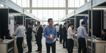 A depiction of a busy job fair in Makassar with Budi S., dressed in professional attire, among many other applicants. The scene is set in a modern convention center with natural light, and the atmosph