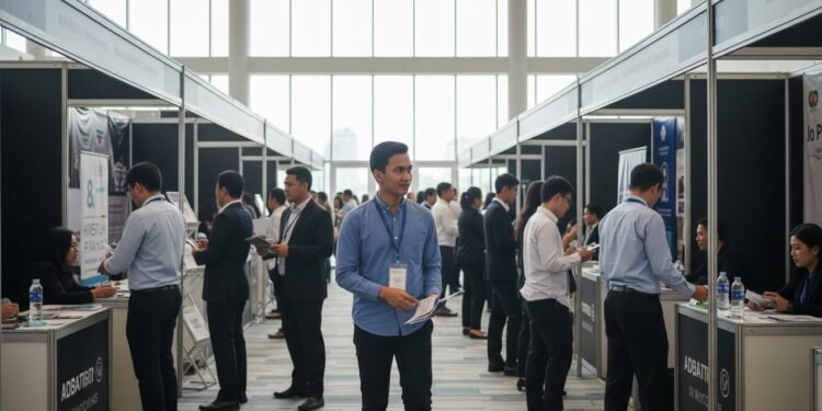 Pemprov Sulsel Hadirkan 1230 Lowongan Kerja di Job Fair 2026 di Makassar A depiction of a busy job fair in Makassar with Budi S., dressed in professional attire, among many other applicants. The scene is set in a modern convention center with natural light, and the atmosph