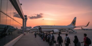 Sebuah terminal bandara yang ramai di sore hari, dengan pesawat Sriwijaya Air menjadi pusat perhatian di runways. Penumpang tampak memasuki pesawat dengan kantong-kantong mereka. Pesawat memiliki logo