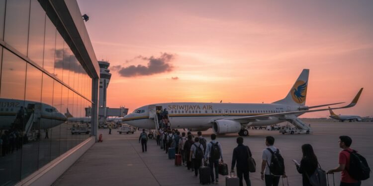 Sebuah terminal bandara yang ramai di sore hari, dengan pesawat Sriwijaya Air menjadi pusat perhatian di runways. Penumpang tampak memasuki pesawat dengan kantong-kantong mereka. Pesawat memiliki logo