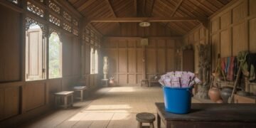 Sebuah rumah tradisional Jawa dengan dekorasi interior yang sederhana. Di sudut ruangan, sebuah wadah biru besar berisi uang tunai dalam jumlah besar diletakkan di atas meja kayu. Ruangan terlihat min
