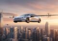 HP Laptop 14s, memiliki banyak fitur dengan baterai yang tahan hingga 14 jam Sebuah mobil Tesla modern terbang di atas kota modern di senja. Mobil itu berada di tengah-tengah, dengan sayap dan propellernya terlihat jelas, menciptakan cahaya lembut. Kota di bawahnya tampak tera