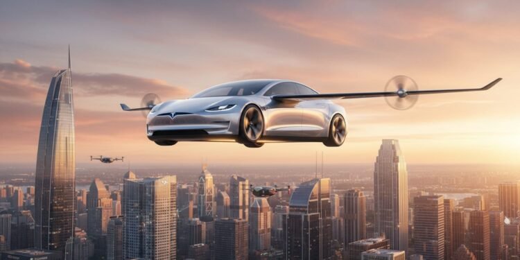 Sebuah mobil Tesla modern terbang di atas kota modern di senja. Mobil itu berada di tengah-tengah, dengan sayap dan propellernya terlihat jelas, menciptakan cahaya lembut. Kota di bawahnya tampak tera