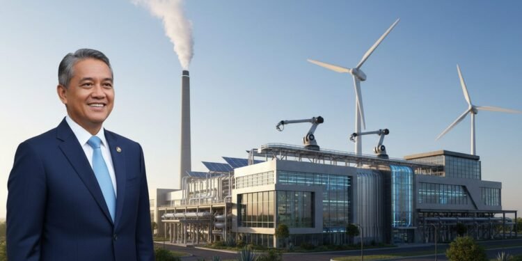 Menteri Perindustrian Sarmuji berdiri di depan fasilitas industri petrokimia modern dengan pipa besar di belakang. Fasilitas tersebut penuh dengan kegiatan, menunjukkan teknologi canggih dan inovasi.