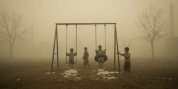 Sebuah kabut tebal menghampiri desa, menciptakan suasana yang suram dan menekan. Anak-anak, berpakaian sederhana, bermain di lapangan main kecil yang berdebu. Wajah mereka tersembunyi oleh kabut, menu