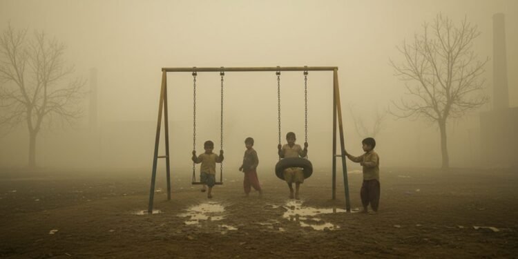 Sebuah kabut tebal menghampiri desa, menciptakan suasana yang suram dan menekan. Anak-anak, berpakaian sederhana, bermain di lapangan main kecil yang berdebu. Wajah mereka tersembunyi oleh kabut, menu