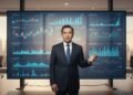 H. Gunadi, Ketua Asosiasi Pasar Modal dan Perusahaan Efek Indonesia, berdiri di depan layar besar yang menampilkan diagram dan grafik finansial. Latar belakangnya menunjukkan ruang kantor modern denga
