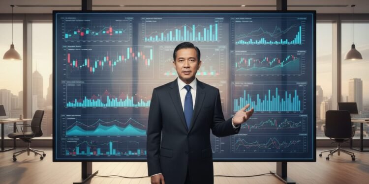 H. Gunadi, Ketua Asosiasi Pasar Modal dan Perusahaan Efek Indonesia, berdiri di depan layar besar yang menampilkan diagram dan grafik finansial. Latar belakangnya menunjukkan ruang kantor modern denga