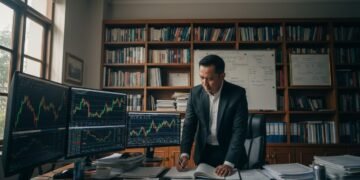 MA. Untung, adik dari mantan kepala BNPB, berdiri di ruang kerja yang minim cahaya, di sekitarnya terdapat layar komputer yang menampilkan data pasar saham. Dia fokus memeriksa dokumen dan mencatat ca