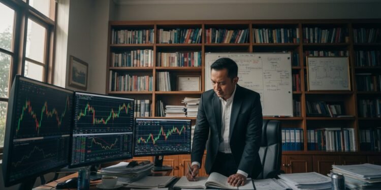 Adik Eks Kepala BNPB Beli Saham dengan Dana Bencana, KPK Terlibat Penyelidikan MA. Untung, adik dari mantan kepala BNPB, berdiri di ruang kerja yang minim cahaya, di sekitarnya terdapat layar komputer yang menampilkan data pasar saham. Dia fokus memeriksa dokumen dan mencatat ca