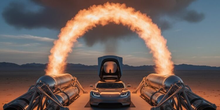 Tesla Roadster Bisa Terbang? Begini Rahasianya dengan Teknologi Roket Sebuah Tesla Roadster terletak di padang peluncuran, di sekitarnya terdapat beberapa mesin roket dan tangki bahan bakar. Mobil itu tampak sebagian, dengan atapnya terbuka untuk menunjukkan kabin penum