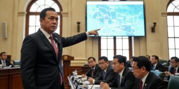 MA. Untung, an MP, is standing in a parliamentary chamber, gesturing towards a map on a screen, expressing concern about the proposed Kopdes for salary distribution. The background shows other legisla
