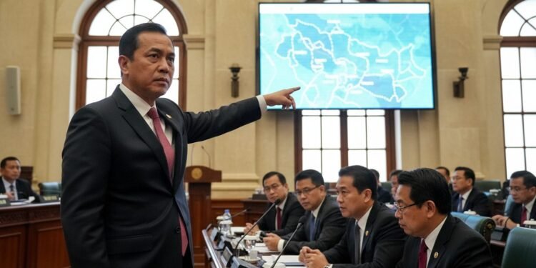 MA. Untung, an MP, is standing in a parliamentary chamber, gesturing towards a map on a screen, expressing concern about the proposed Kopdes for salary distribution. The background shows other legisla