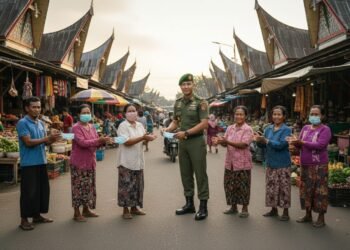 Seorang prajurit Kodam Hasanuddin berdiri di jalan sibuk di Makassar, memberikan masker kepada sekelompok warga yang berterima kasih. Latar belakang menampilkan pasar tradisional dengan rumah-rumah tr