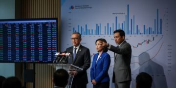 A professional photojournalism image of Ketua OJK and Dirut BEI during a press conference, with Bhima Yudhistira standing behind them, emphasizing the need for them to resign due to the potential downgrade of Indonesia's stock market classification by MSCI.