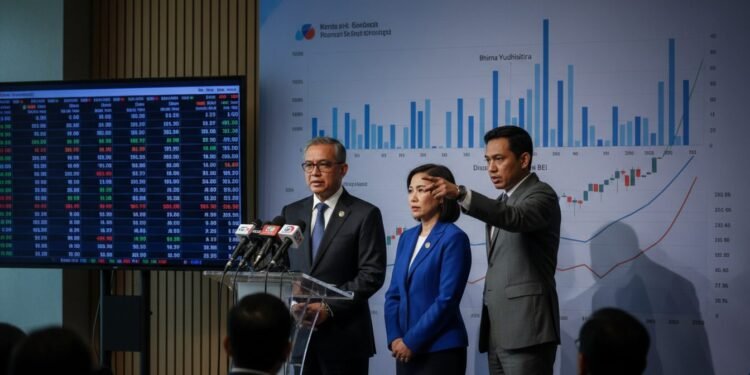 Ketua OJK dan Dirut BEI Didorong Mundur Akibat Ancaman Penurunan Klasifikasi Pasar Saham Indonesia oleh MSCI A professional photojournalism image of Ketua OJK and Dirut BEI during a press conference, with Bhima Yudhistira standing behind them, emphasizing the need for them to resign due to the potential downgrade of Indonesia's stock market classification by MSCI.