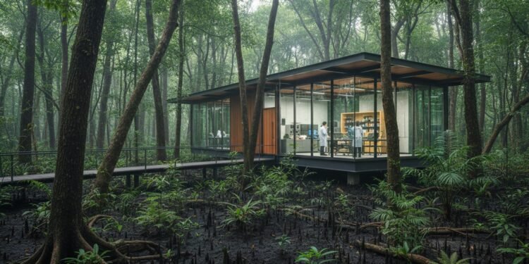 Sebuah hutan gambut yang padat dengan pohon tua raksasa dan lapisan tanaman hijau yang tebal. Tanah tampak lembab dan gelap, menunjukkan kandungan peat. Di latar belakang, sebuah fasilitas penelitian