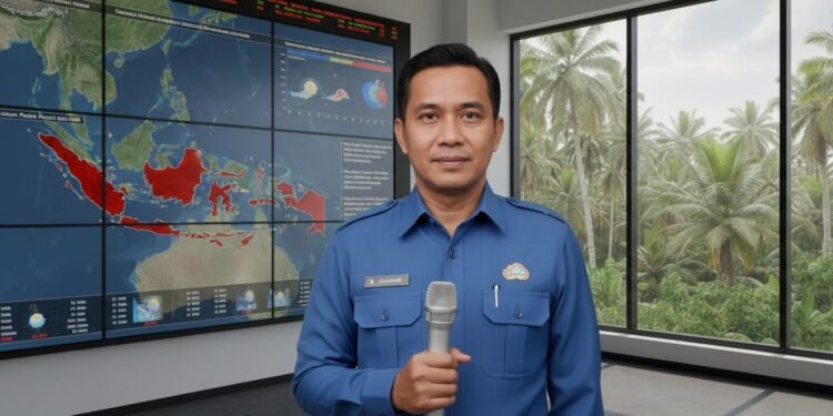 BMKG: Awal Musim Hujan 2026 Langsung Masuk Puncak Seorang meteorologis, H. Gunadi, berdiri di sebuah stasiun cuaca modern, di sekitar layar besar yang menampilkan data cuaca real-time. Layar-layar tersebut menampilkan peta Indonesia dengan area yang