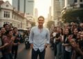 Seorang pria muda dengan senyum menawan berdiri di jalan raya yang ramai di Jakarta, di sekitarnya terdapat penggemar yang antusias. Dia memakai pakaian kasual namun elegan, dengan kemeja biru muda da