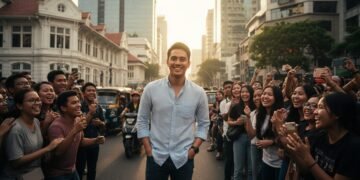 Seorang pria muda dengan senyum menawan berdiri di jalan raya yang ramai di Jakarta, di sekitarnya terdapat penggemar yang antusias. Dia memakai pakaian kasual namun elegan, dengan kemeja biru muda da