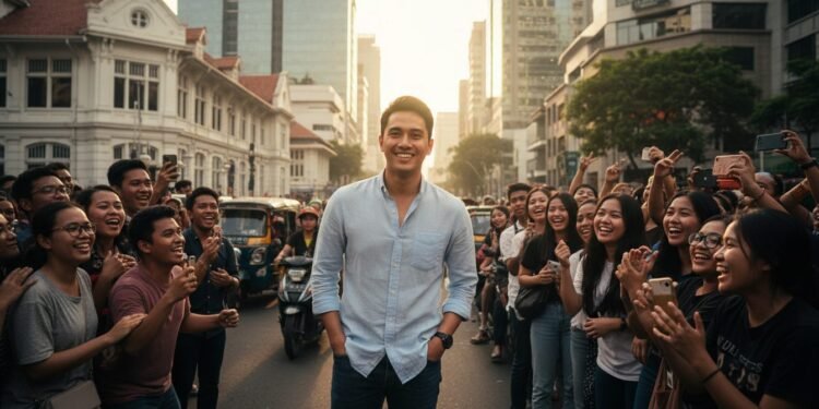 Gong Yoo Permintaan Penggemar di Jakarta: Berhenti Memanggil Ahjussi, Gunakan Oppa Seorang pria muda dengan senyum menawan berdiri di jalan raya yang ramai di Jakarta, di sekitarnya terdapat penggemar yang antusias. Dia memakai pakaian kasual namun elegan, dengan kemeja biru muda da