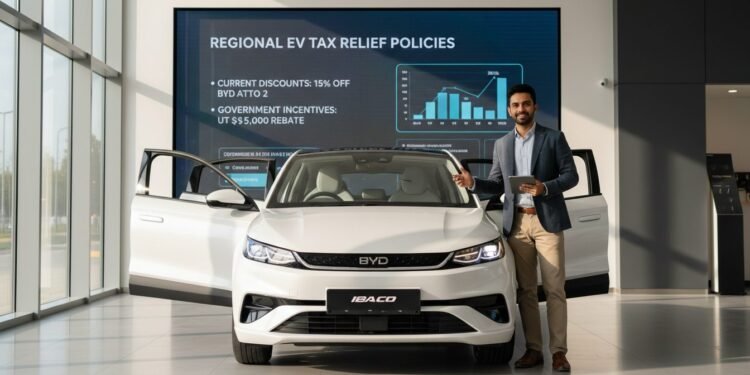 M. Ridham standing in front of a BYD Atto 2 electric vehicle in a modern dealership. The car is shown with its LED headlights and dashboard visible. A large digital screen in the background displays r