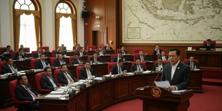 DPR Berhadapan dengan Dilema Respons Kasus Ijazah Gibran Sebuah adegan politik menampilkan ruang rapat DPR dengan ruang sidang DPR sebagai fokus. Seorang tokoh politik berpengaruh, MA. Untung, berdiri di podium, ekspresinya serius dan memikirkan. Ruang sida