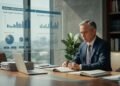 DPR Berhadapan dengan Dilema Respons Kasus Ijazah Gibran MA. Untung, a middle-aged man in a suit, sits at a conference table with documents and a laptop. Behind him, a large screen shows data. The setting is serious and thoughtful, reflecting the complexity