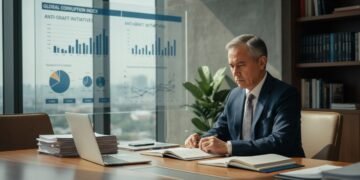 MA. Untung, a middle-aged man in a suit, sits at a conference table with documents and a laptop. Behind him, a large screen shows data. The setting is serious and thoughtful, reflecting the complexity