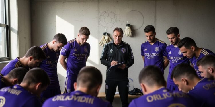 Orlando City Siapkan Pertahanan Jelang Pertarungan D.C. United Orlando City players in a locker room, huddling around their coach, showing determination before a match against D.C. United.