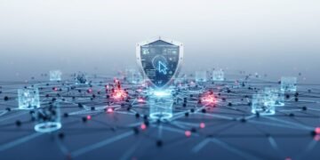Sebuah lanskap digital menampilkan jaringan node yang terhubung, beberapa di antaranya berwarna merah untuk menunjukkan aktivitas phishing. Di tengah, sebuah penanda keamanan atau benteng yang menunju