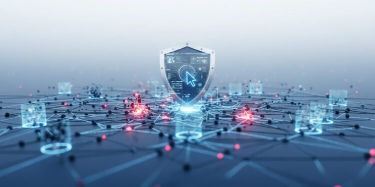 Microsoft Ungkap Jaringan Phishing Global dan Blokir 100.000 Domain Sebuah lanskap digital menampilkan jaringan node yang terhubung, beberapa di antaranya berwarna merah untuk menunjukkan aktivitas phishing. Di tengah, sebuah penanda keamanan atau benteng yang menunju