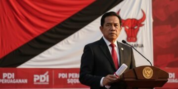 Politisi MA. Untung, dalam pakaian formal, berdiri dengan tegas di depan bendera PDIP. Dia menggenggam dokumen penting dengan ekspresi serius, menandakan siapnya untuk bertindak. Penerangan lembut dan