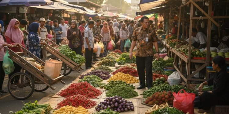 Pangan Murah Sidrap Ludes di Sulsel Expo, Pemkab Siapkan Tambahan Stok Sebuah pemandangan pasar yang ramai di Sulsel Expo, Makassar, dengan berbagai umur dan latar belakang masyarakat yang sibuk membeli dan membawa barang belanjaan. Sayuran dan buah-buahan segar diletakk
