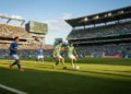 Membandingkan Dua Foto Ikonik Husain Bolt Suasana liga sepak bola MLS antara Seattle Sounders dan CF Montreal di Lumen Field. Pemain Sounders berpakaian seragam hijau dan putih sementara pemain Montreal berpakaian biru dan putih. Tertawa dan