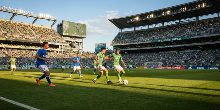 Seattle Sounders vs CF Montreal: MLS Match at Lumen Field Suasana liga sepak bola MLS antara Seattle Sounders dan CF Montreal di Lumen Field. Pemain Sounders berpakaian seragam hijau dan putih sementara pemain Montreal berpakaian biru dan putih. Tertawa dan