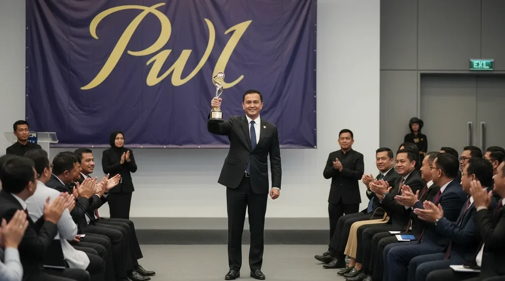 Andi Sudirman menerima penghargaan dari PWI Sulsel. Dia berdiri dengan percaya diri di atas panggung dengan trofi di tangan. Penonton duduk dalam barisan dengan tatapan penuh penghargaan. Penerangan y