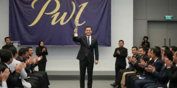Andi Sudirman menerima penghargaan dari PWI Sulsel. Dia berdiri dengan percaya diri di atas panggung dengan trofi di tangan. Penonton duduk dalam barisan dengan tatapan penuh penghargaan. Penerangan y